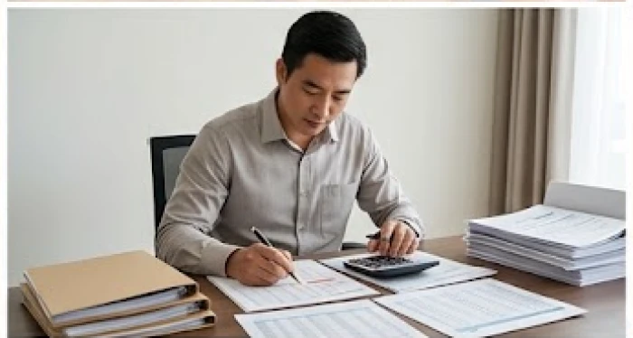 Người đàn ông tập trung rà soát kỹ lưỡng các số liệu trong sổ sách kế toán để tránh thất thoát