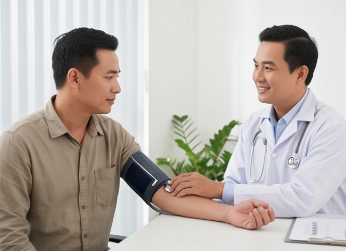 Nam giới đi khám sức khỏe định kỳ và đo huyết áp để phòng ngừa các biến chứng mệt mỏi từ hạn Huỳnh Tuyền