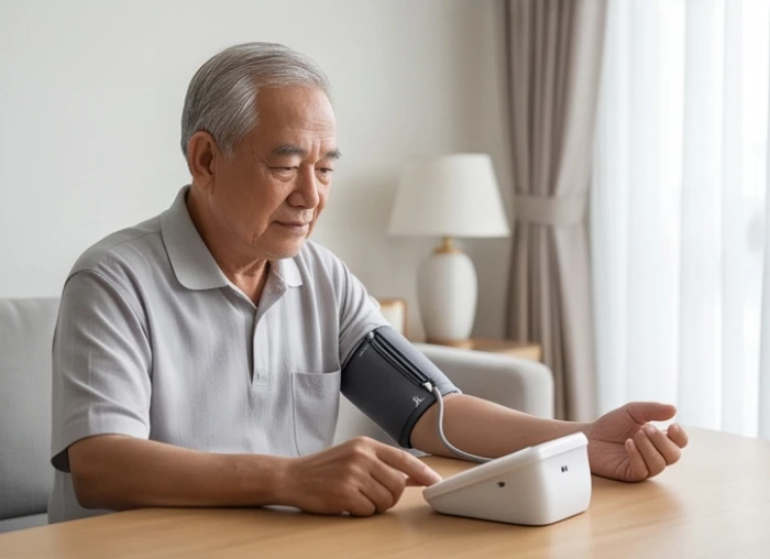 Người đàn ông lớn tuổi đang được kiểm tra huyết áp tại nhà để theo dõi tình trạng sức khỏe định kỳ