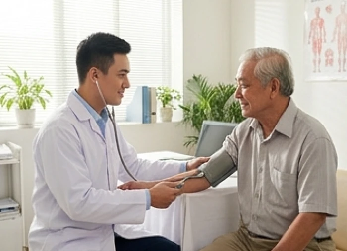 Bác sĩ đang đo huyết áp và thăm khám sức khỏe định kỳ cho cụ ông tại phòng khám y tế gia đình