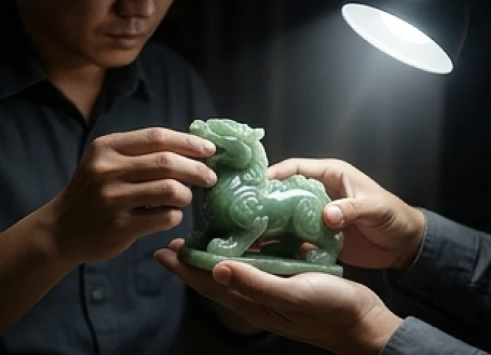 Quá trình soi chiếu cẩn thận các góc cạnh và bề mặt tượng linh vật phong thủy dưới ánh sáng mạnh để tìm vết rạn