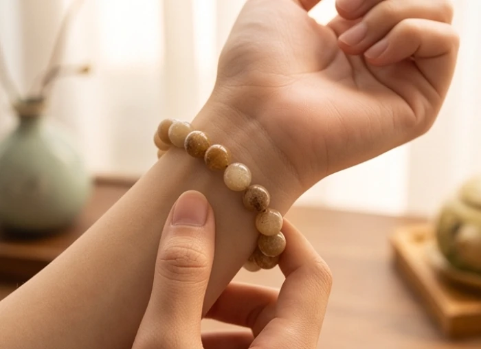 Người đeo đặt viên đá phong thủy tự nhiên lên da tay để cảm nhận độ mát lạnh dẻo dai
