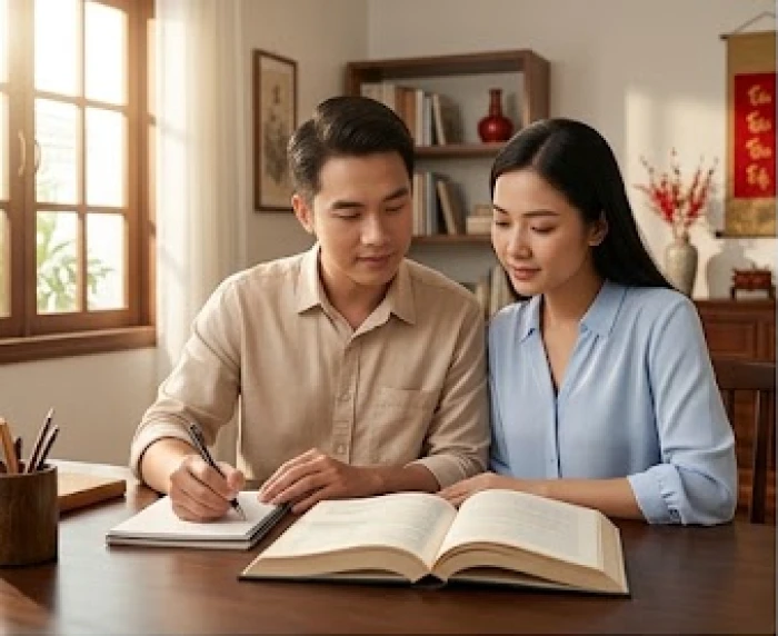 Cha mẹ cùng tham khảo sách phong thủy và la bàn trên bàn làm việc nhằm tìm phương án hòa giải gia đạo