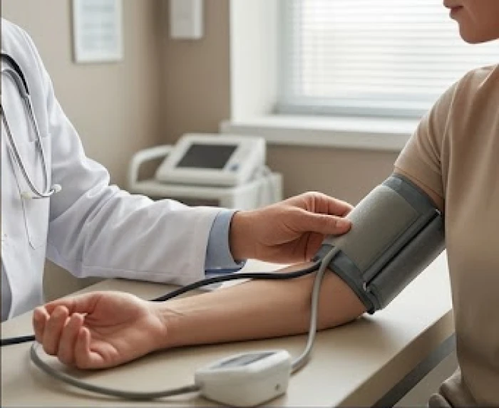 Bác sĩ đang cẩn thận đo nhịp tim và kiểm tra huyết áp cho bệnh nhân tại một phòng khám vô cùng hiện đại