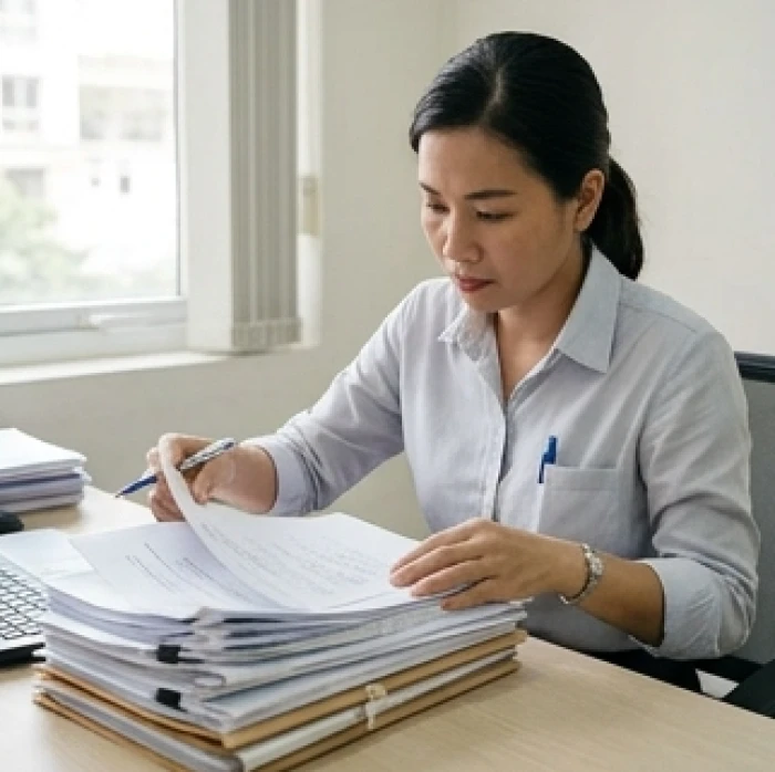 Nhân viên đang cặm cụi xử lý lượng lớn sổ sách và giấy tờ quen thuộc trên bàn làm việc
