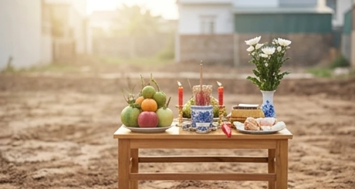 Nghi thức cúng động thổ xây dựng công trình nhà ở được chuẩn bị cẩn trọng ngoài trời với đầy đủ lễ vật