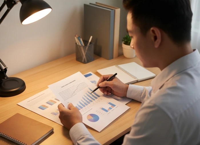 Người đàn ông rà soát kỹ lưỡng các hợp đồng tài chính và sổ sách đầu tư trên bàn làm việc