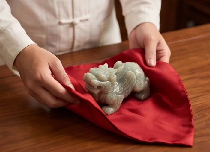 Gói cẩn thận tượng tỳ hưu bị sứt mẻ vào miếng vải lụa màu đỏ trước khi đem chôn dưới gốc cây lớn