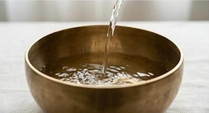 Dòng nước trong vắt đổ xuống chiếc bát đồng thau nặng trĩu minh họa cho sự xung khắc kim sinh thủy cản trở.
