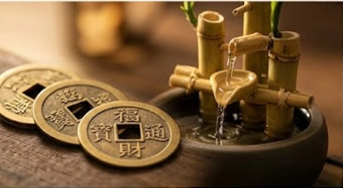 Đồng xu phong thủy cổ đặt cạnh dòng nước nhỏ thể hiện nguyên lý Kim sinh Thủy