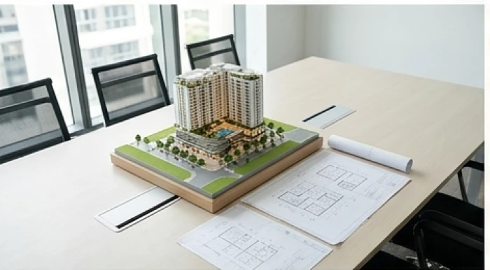 Mô hình dự án bất động sản và bản đồ quy hoạch trên bàn làm việc của nữ doanh nhân Mậu Dần