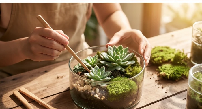 Đôi bàn tay khéo léo đang chăm sóc chậu tiểu cảnh terrarium và sen đá trưng bày trên kệ gỗ