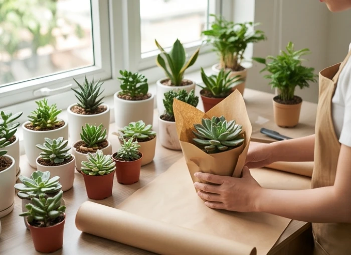 Bàn làm việc với nhiều chậu cây sen đá nhỏ gọn được đóng gói cẩn thận bằng giấy kraft
