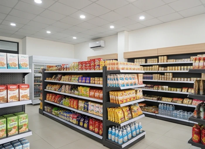 Không gian trưng bày hàng hóa ngăn nắp bên trong cửa hàng tiện lợi siêu thị mini hiện đại tại Việt Nam