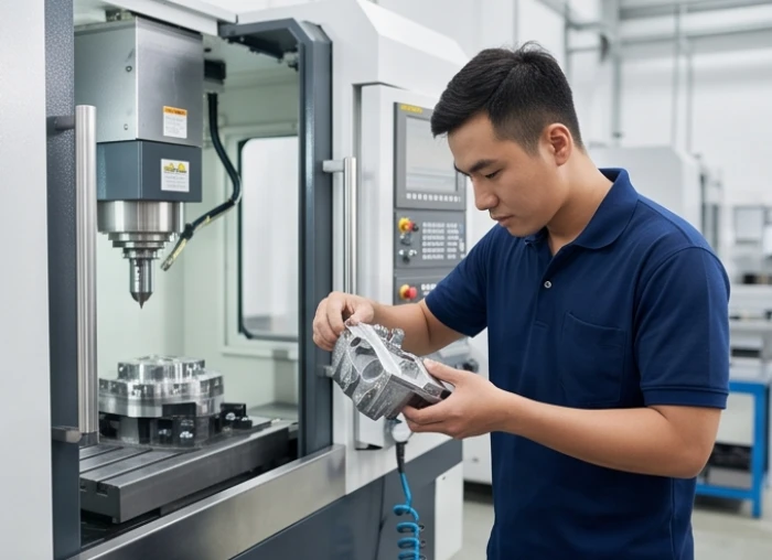 Kỹ sư nam mạng Ất Sửu 1985 kiểm tra chi tiết linh kiện máy móc tại xưởng cơ khí tự động hóa