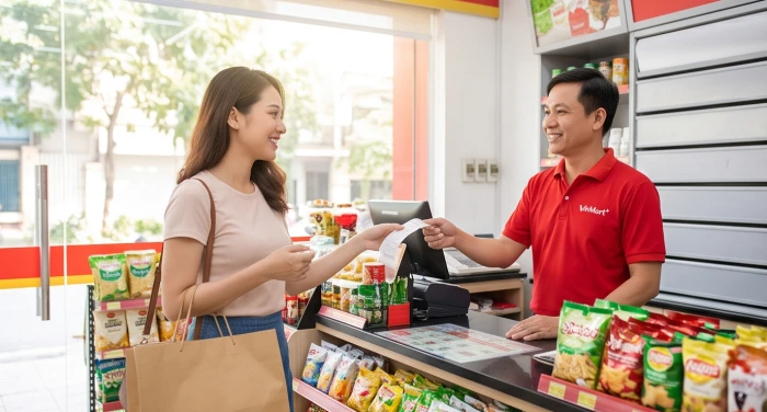 Các mặt hàng kim khí cơ khí và linh kiện phần cứng được sắp xếp gọn gàng trên kệ trưng bày tại cửa hàng