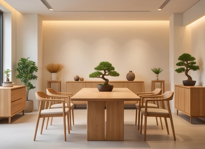 Showroom trưng bày các sản phẩm nội thất gỗ cao cấp được bố trí tinh tế bên mảng xanh tự nhiên
