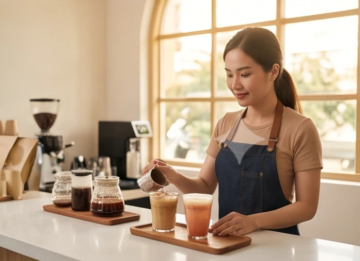 Chủ quán cafe tuổi Giáp Tuất đang kiểm tra chất lượng đồ uống và theo dõi doanh thu hàng ngày tại quầy phục vụ