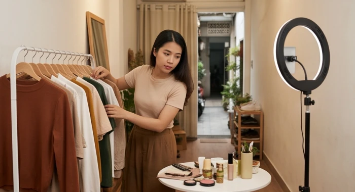 Nữ chủ shop đang chuẩn bị quần áo thiết kế và mỹ phẩm để livestream bán hàng trong không gian nhỏ gọn