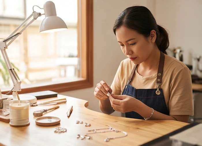 Một người thợ kim hoàn đang cẩn thận đánh bóng các món phụ kiện trang sức bạc 925 tinh xảo