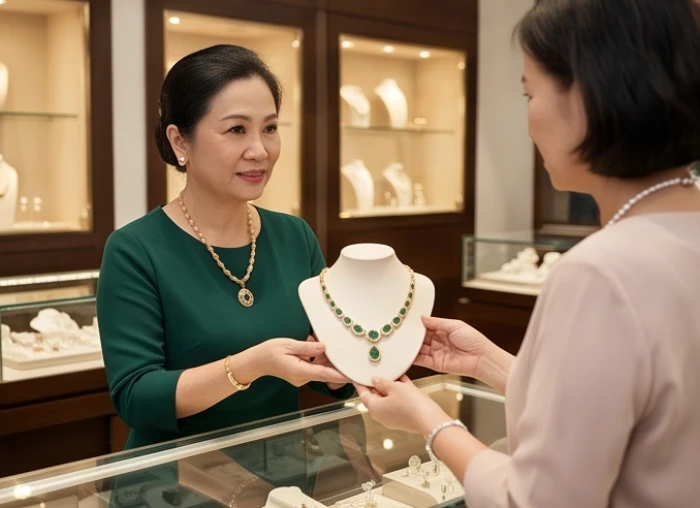 Chủ cửa hàng Quý Sửu 1973 trưng bày trang sức vàng bạc kết hợp đá quý ngọc lục bảo