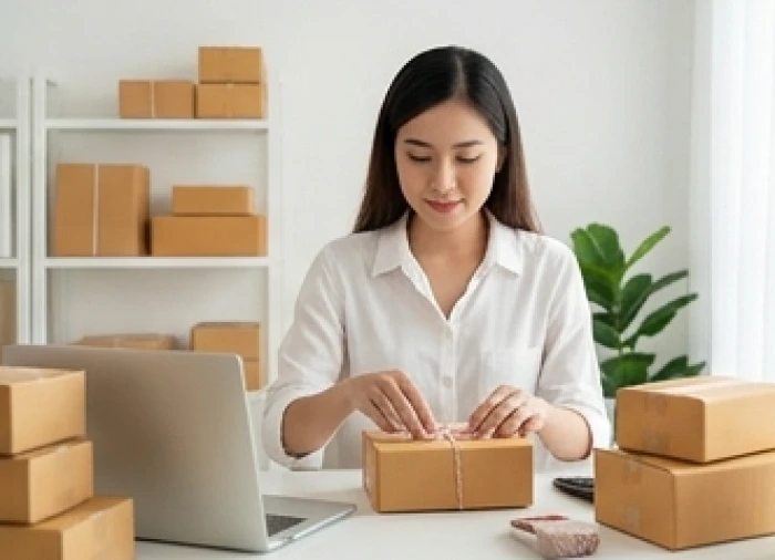 Người phụ nữ trẻ đang bận rộn sắp xếp các kiện hàng nhỏ gọn trong không gian làm việc tại nhà