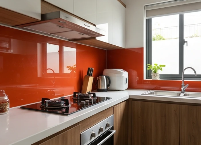 Gian bếp hiện đại sử dụng kính ốp tường màu đỏ cam rực rỡ tương sinh với bản mệnh người sinh năm 1991