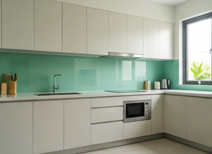 Không gian bếp hiện đại sử dụng kính ốp tường màu xanh ngọc bích giúp làm dịu đi năng lượng Hỏa vượng