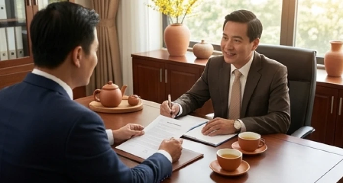 Hai đối tác kinh doanh thảo luận hợp đồng trang trọng thể hiện sự gắn kết tam hợp cho kỷ dậu 1969