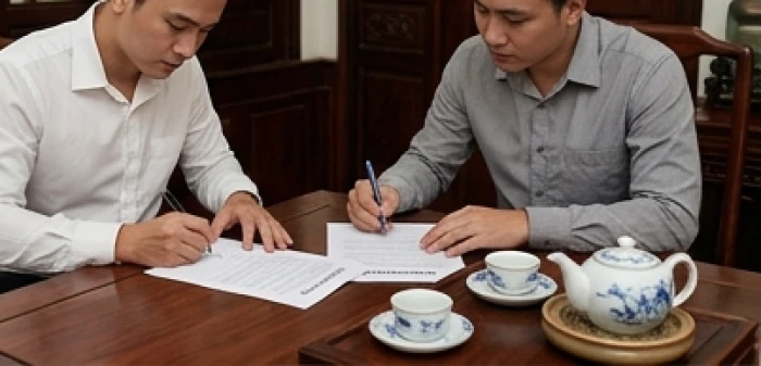 Hai người đàn ông cùng ký tên vào tờ giấy thỏa thuận mượn tuổi xây nhà trên chiếc bàn gỗ