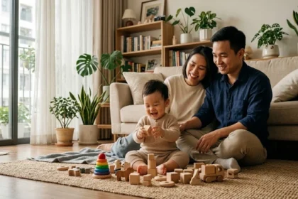 Em bé mệnh Bình Địa Mộc chơi đùa vui vẻ bên cha mẹ để minh họa cho kỷ hợi 2019 hợp tuổi nào trong gia đình