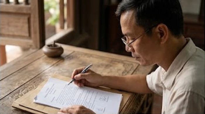 Người đàn ông cẩn thận đọc các điều khoản trên hợp đồng để phòng hạn Thiên La do sao vân hán chiếu mệnh