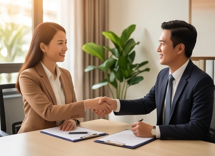 Hai người doanh nhân đang mỉm cười bắt tay nhau ký kết hợp đồng hợp tác kinh doanh trong không gian trang trọng