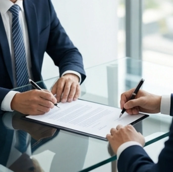 Hai đối tác đang ký kết văn bản thỏa thuận kinh doanh minh bạch trên bàn hội nghị