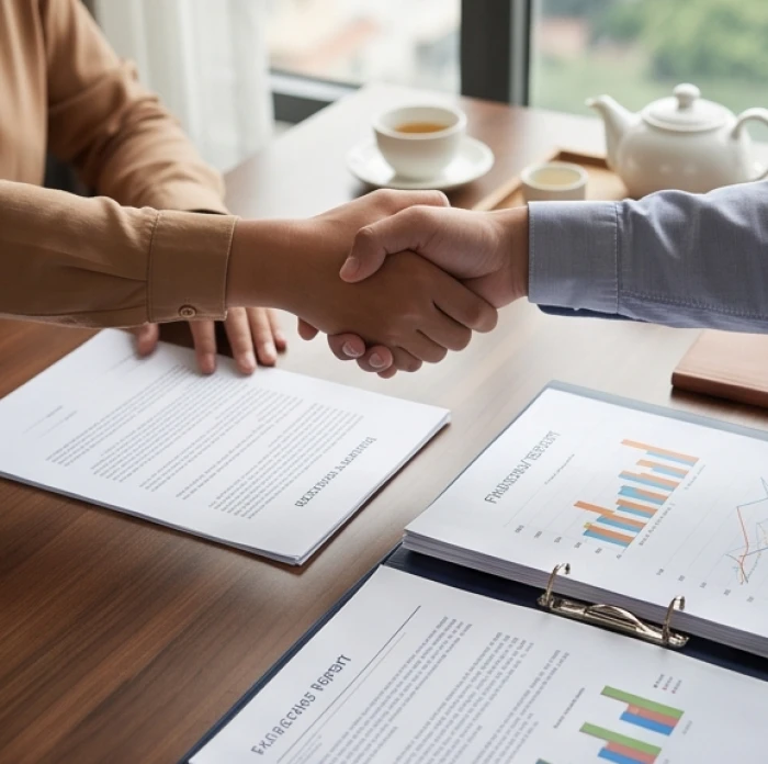 Hai đối tác đang thực hiện cái bắt tay hợp tác kinh doanh trên bàn họp cùng với tập hồ sơ pháp lý rõ ràng