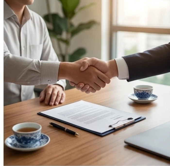 Cảnh ký kết thỏa thuận hợp tác thương mại giữa hai đối tác trên bàn làm việc bằng gỗ tự nhiên trang trọng