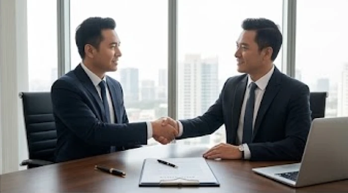 Hai doanh nhân đang bắt tay nhau sau khi ký kết thành công thỏa thuận hợp tác thương mại