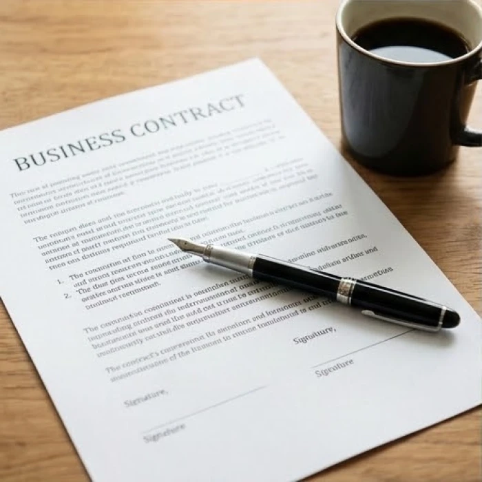 Bản hợp đồng giao dịch được xem xét cẩn thận bên cạnh cây bút ký và tách cà phê