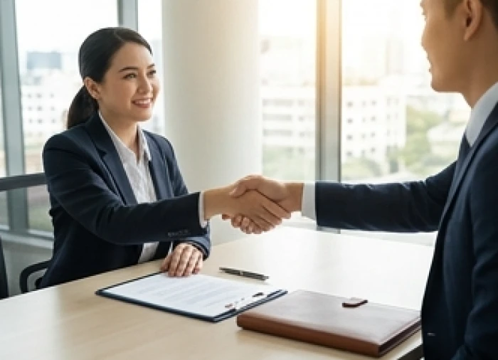 Đối tác doanh nhân tự tin bắt tay ký kết hợp đồng thương mại thuận lợi trong văn phòng hiện đại