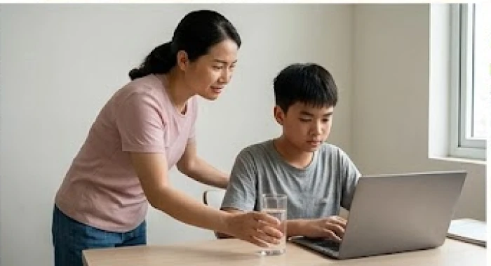 Người mẹ nhẹ nhàng mang một ly nước vào phòng để xoa dịu cơn nóng giận của con sau khi tranh cãi gay gắt