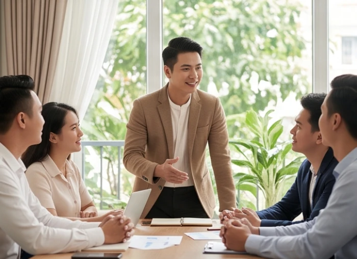 Chuyên viên Kỷ Mão sinh mùa xuân cởi mở trao đổi ý tưởng kết nối trong không gian làm việc năng động