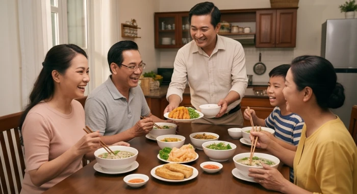 Bữa cơm gia đình ấm cúng thể hiện sự gắn kết và tinh thần trách nhiệm của người trụ cột