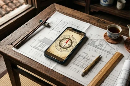 Bản vẽ thiết kế mặt bằng kết hợp la bàn điện thoại giúp xác định kỷ mùi 1979 hợp hướng nào