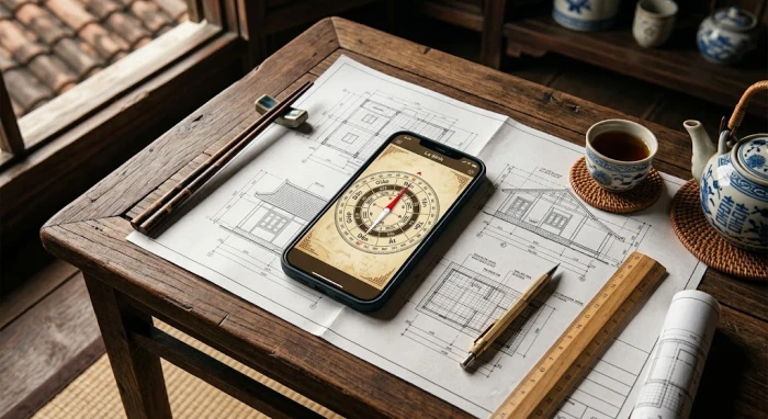 Bản vẽ thiết kế mặt bằng kết hợp la bàn điện thoại giúp xác định kỷ mùi 1979 hợp hướng nào