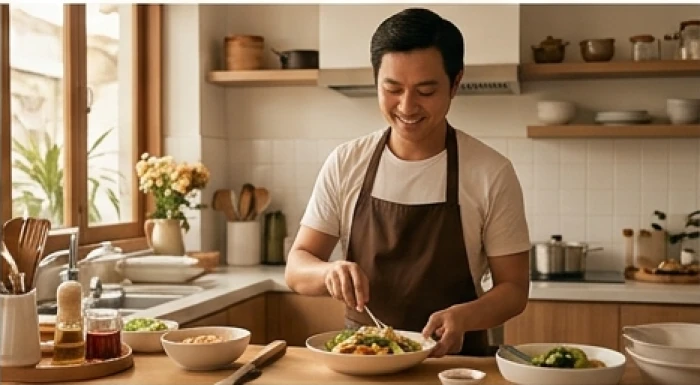 Chủ quán ăn tuổi Kỷ Mùi 1979 đang cẩn thận chuẩn bị các món ăn ngon để phục vụ lượng khách quen thuộc