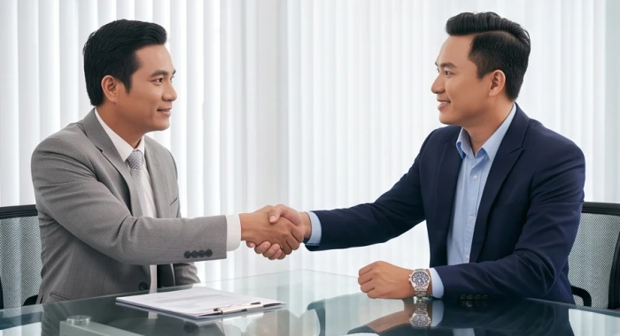 Hai người đang bắt tay thỏa thuận hợp tác công việc trong một không gian làm việc chuyên nghiệp
