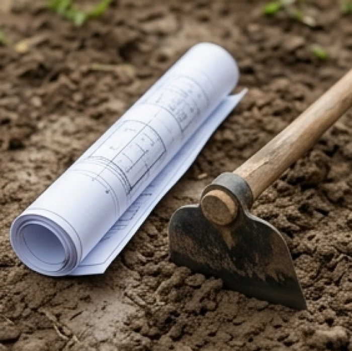Bản vẽ thiết kế nhà đặt cạnh chiếc cuốc nhỏ tượng trưng cho thủ tục động thổ mượn tuổi năm Đinh Mùi