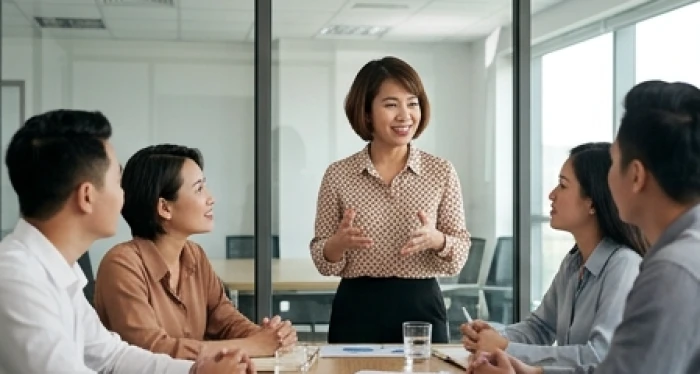Nhân sự tuổi mão đàm phán và gắn kết đội ngũ làm việc tại phòng họp văn phòng hiện đại
