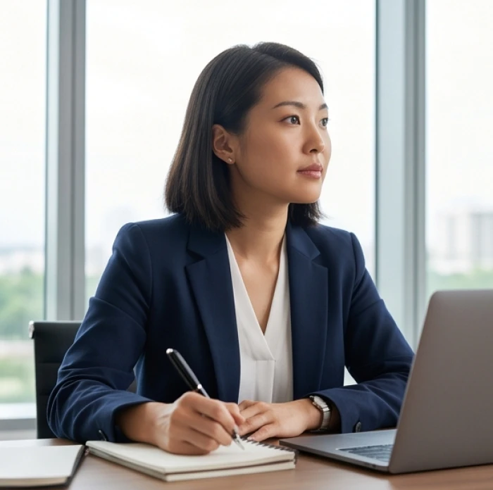 Nữ nhân sự đang mỉm cười lắng nghe và ghi chép ý kiến của đồng nghiệp trong buổi thảo luận