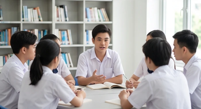Nhóm bạn học sinh cùng lớp trò chuyện ôn hòa và lắng nghe tích cực khi làm bài tập lớn